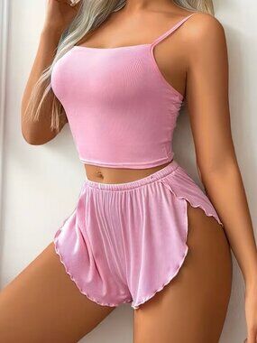 Women's Ribbed Pajama Set Pink 2 Piece Lounge Set Cami & Ruffle Shorts NWT